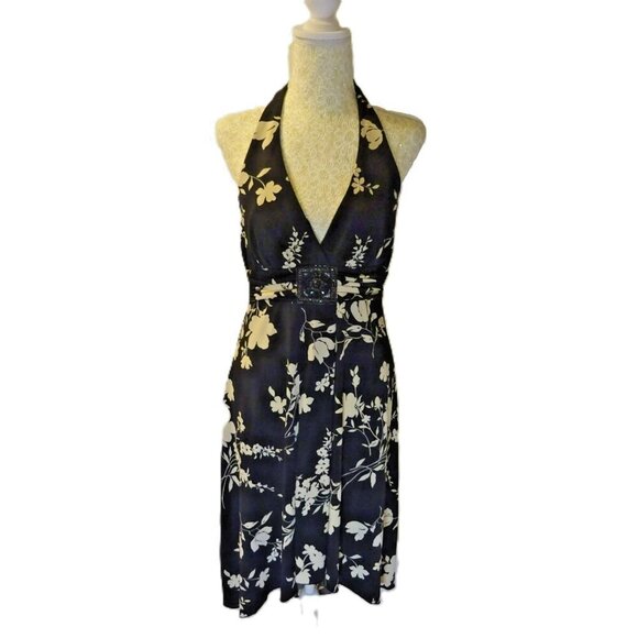 Speechless Medium Halter Style Black and Cream Tropical Dress Preloved - Picture 2 of 9